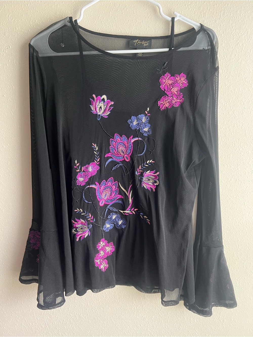 Thalia Sodi Black Mesh Long-Sleeve Top with Pink and Purple Floral Embroidery